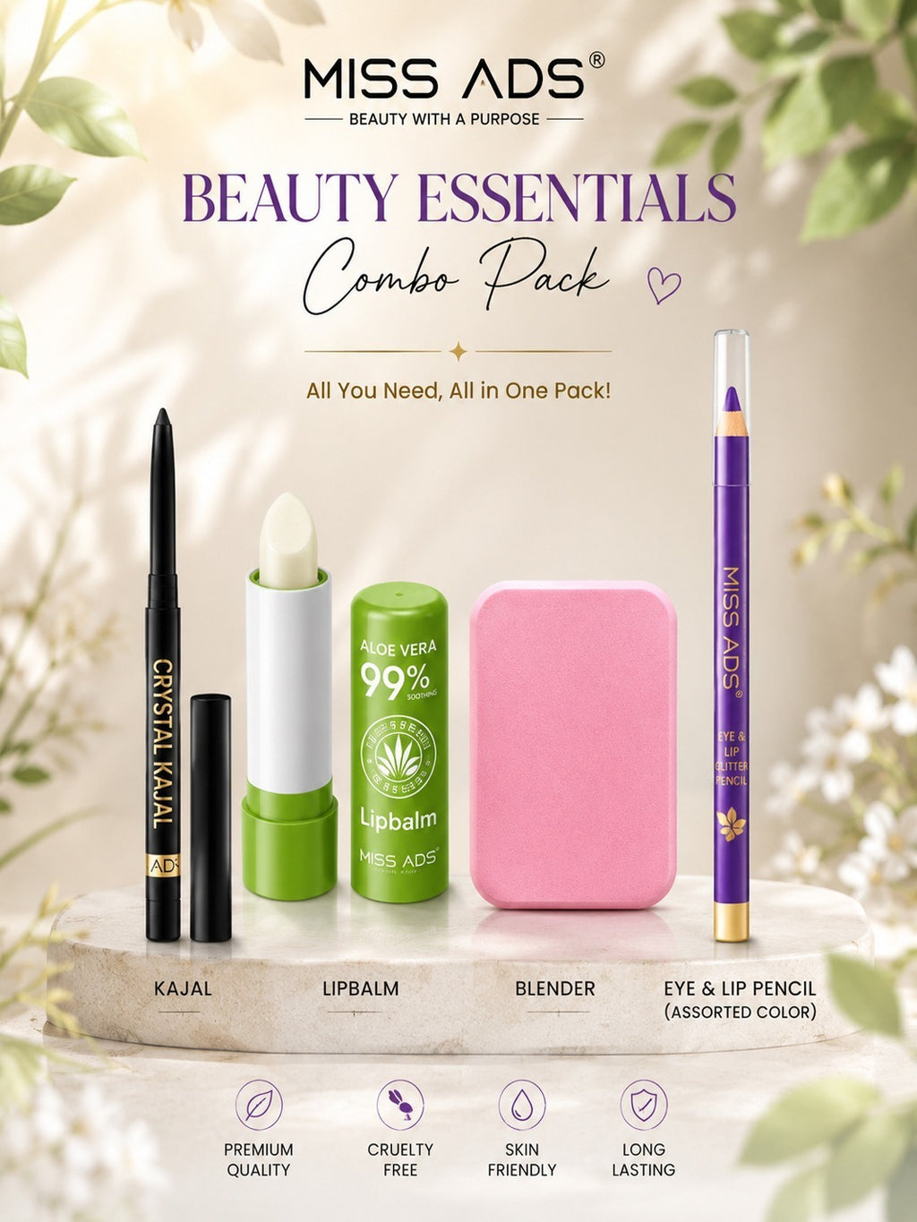 MISS ADS COMBO (KAJAL, LIPBALM, EYE/LIP PENCIL, BLENDER)
