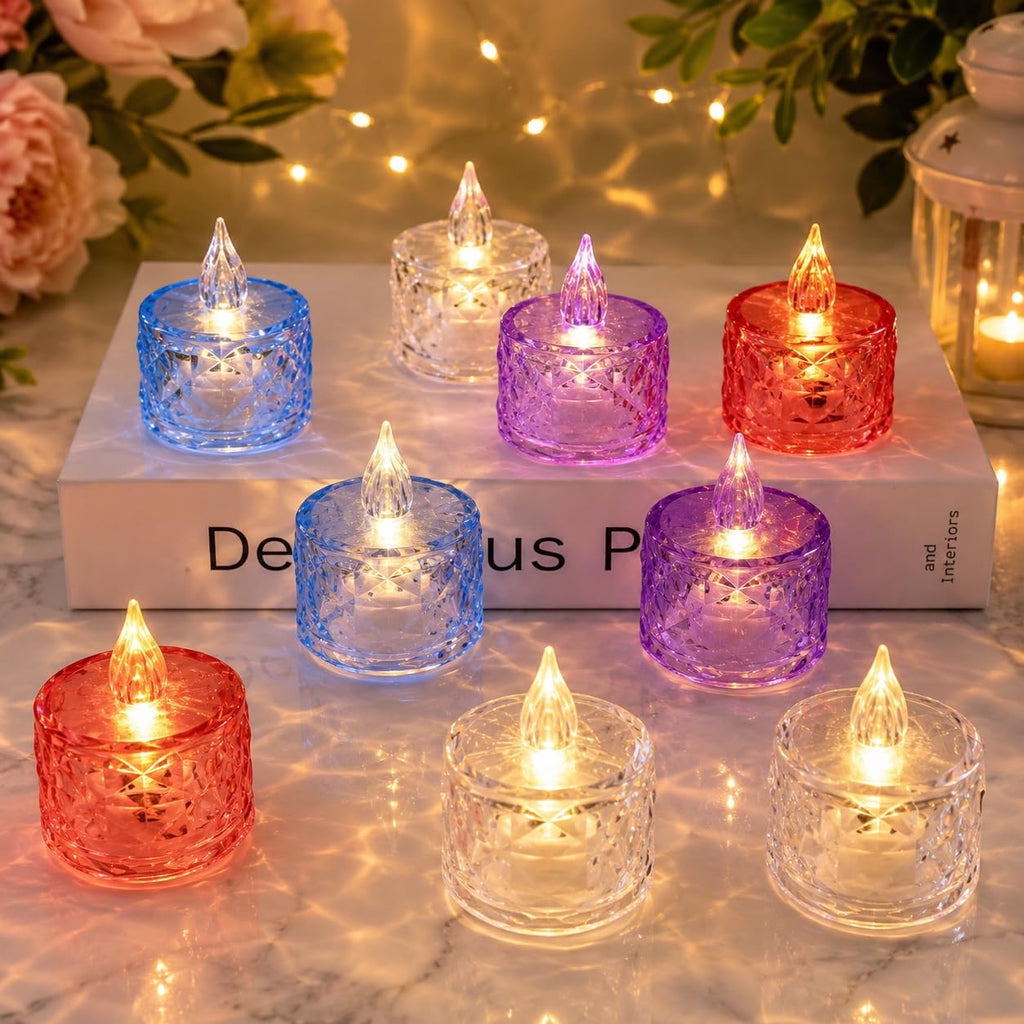 LED Acrylic Crystal Tea Light Candles Warm Flickering Flame (Pack of 4)